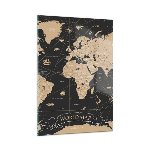 Cuadro sobre vidrio - Impresiones sobre Vidrio - Mapa del mundo estilizado en tonos beige y negro. - 50x70cm - Las fronteras de mi mundo - Decoración de pared moderna para salón y dormitorio ARTTOR