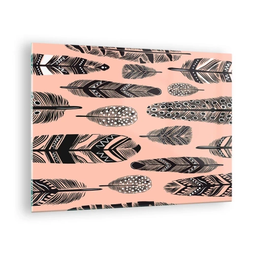 Cuadro sobre vidrio - Impresiones sobre Vidrio - Plumas decorativas con patrones en blanco y negro sobre un fondo rosa. - 70x50cm - Una colección india - Decoración de pared moderna para salón y dormitorio ARTTOR