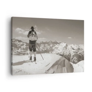 Cuadro sobre lienzo - Impresión de Imagen - Un esquiador en la cima de una montaña en blanco y negro. - 70x50cm - El techo del mundo - Decoración de pared moderna para salón y dormitorio ARTTOR