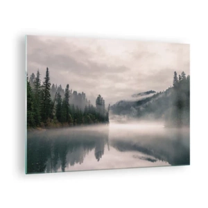 Cuadro sobre vidrio - Impresiones sobre Vidrio - Vista matutina de un lago en el bosque, envuelto en niebla. - 70x50cm - En el ensueño, en la niebla - Decoración de pared moderna para salón y dormitorio ARTTOR