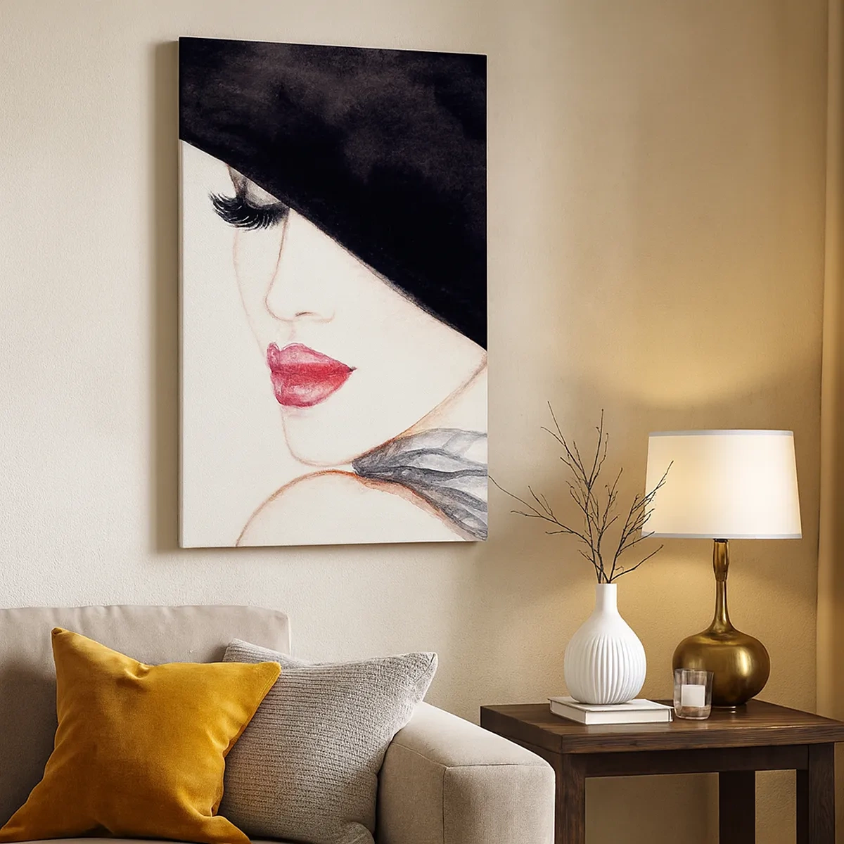 Cuadro sobre lienzo - Impresión de Imagen - Una ilustración sutil de una mujer con un sombrero negro y labios rojos. - 50x70cm - Elegancia y sensualidad - Decoración de pared moderna para salón y dormitorio ARTTOR