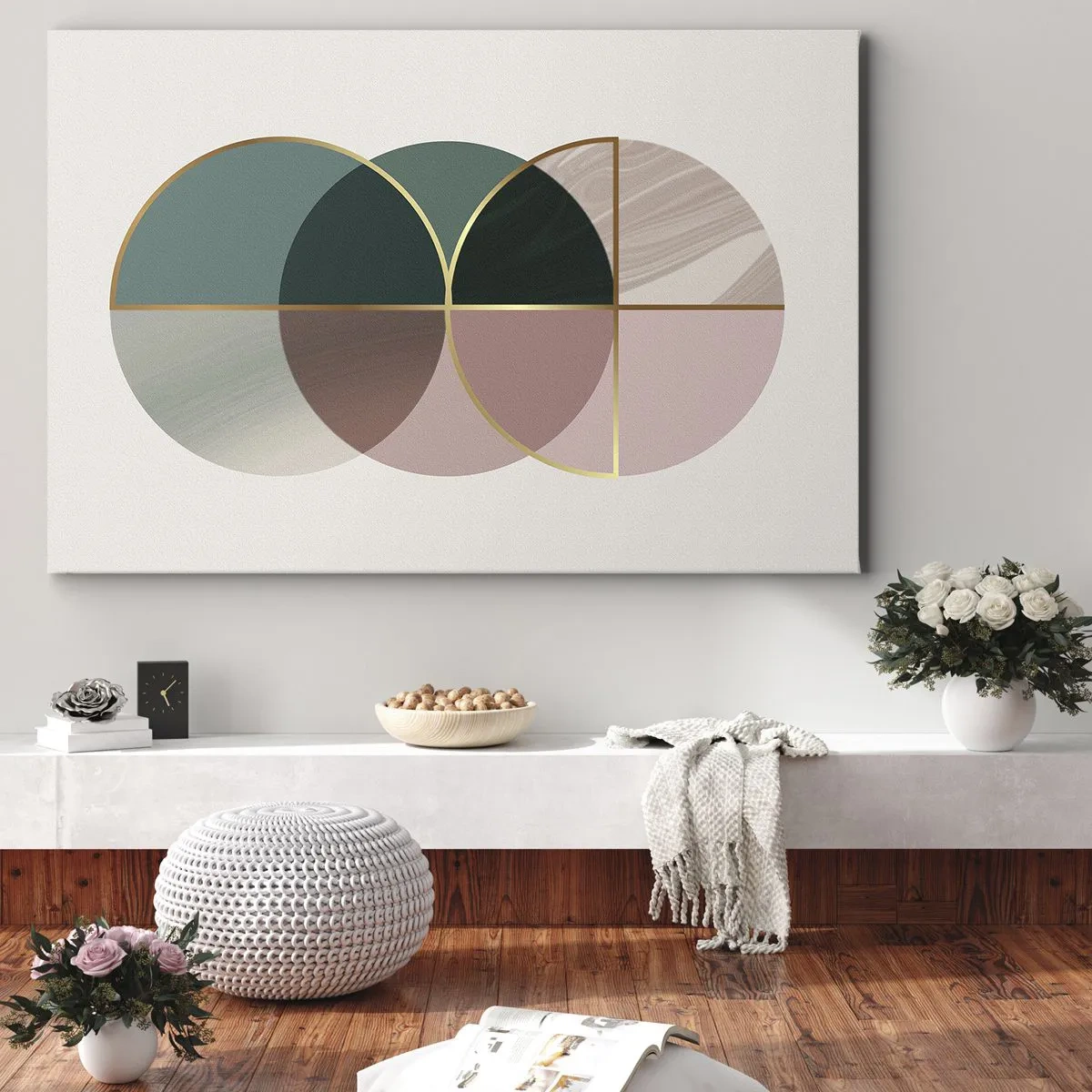 Cuadro sobre lienzo - Impresión de Imagen - Una composición abstracta de formas geométricas y líneas doradas. - 70x50cm - Círculo tras círculo... - Decoración de pared moderna para salón y dormitorio ARTTOR