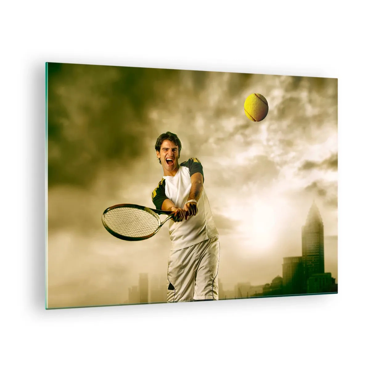 Cuadro sobre vidrio - Impresiones sobre Vidrio - Un jugador de tenis golpea la pelota con una ciudad como telón de fondo. - 70x50cm - Energía y alegría - Decoración de pared moderna para salón y dormitorio ARTTOR