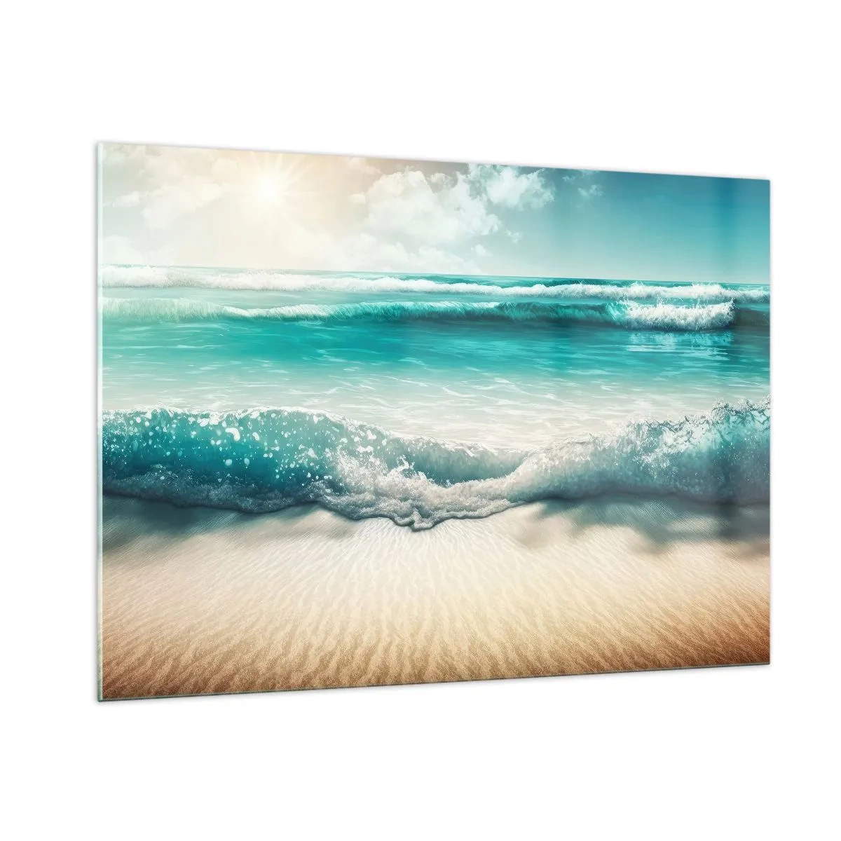 Cuadro sobre vidrio - Impresiones sobre Vidrio - Olas turquesas del océano golpeando una playa de arena - 100x70cm - Calma oceánica - Decoración de pared moderna para salón y dormitorio ARTTOR