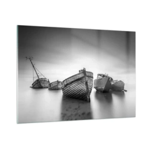 Cuadro sobre vidrio - Impresiones sobre Vidrio - Barcos abandonados en aguas tranquilas en blanco y negro - 100x70cm - Ahora solo quedan los recuerdos... - Decoración de pared moderna para salón y dormitorio ARTTOR