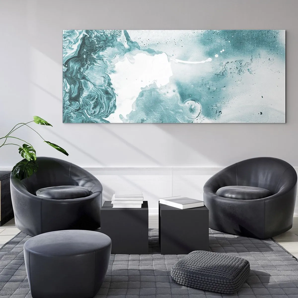 Cuadro sobre vidrio - Impresiones sobre Vidrio - Abstracción en tonos azules con delicados acentos de blanco. - 120x50cm - Remansos de azul - Decoración de pared moderna para salón y dormitorio ARTTOR