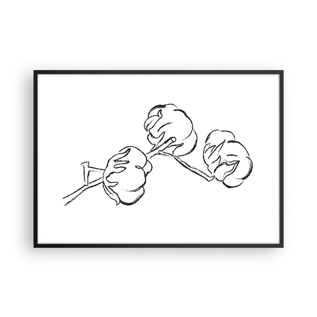 Póster en marco negro - Un delicado contorno de una rama de algodón sobre un fondo blanco. - 100x70cm - Plumón de algodón - Decoración de pared moderna para salón y dormitorio ARTTOR