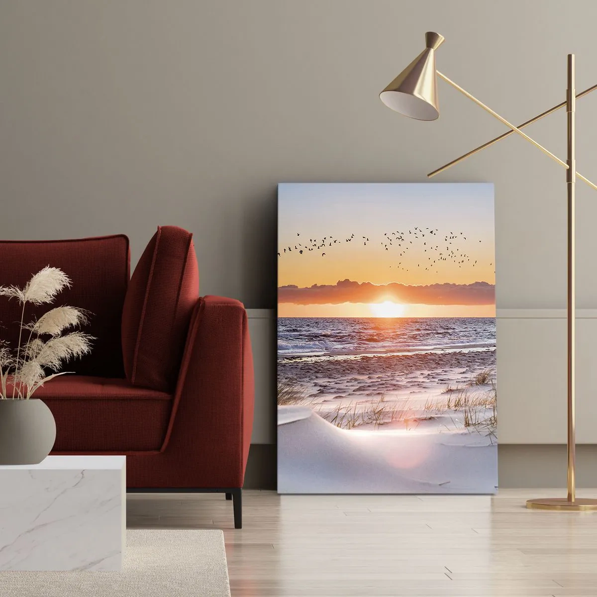 Cuadro sobre lienzo - Impresión de Imagen - Puesta de sol sobre el mar con vistas a las dunas - 80x120cm - Paisaje horizontal - Decoración de pared moderna para salón y dormitorio ARTTOR