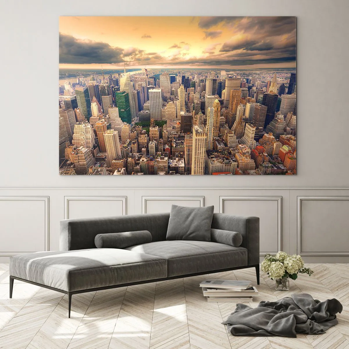 Cuadro sobre vidrio - Impresiones sobre Vidrio - Panorama de la ciudad con rascacielos al atardecer - 100x70cm - Metrópolis dorada - Decoración de pared moderna para salón y dormitorio ARTTOR