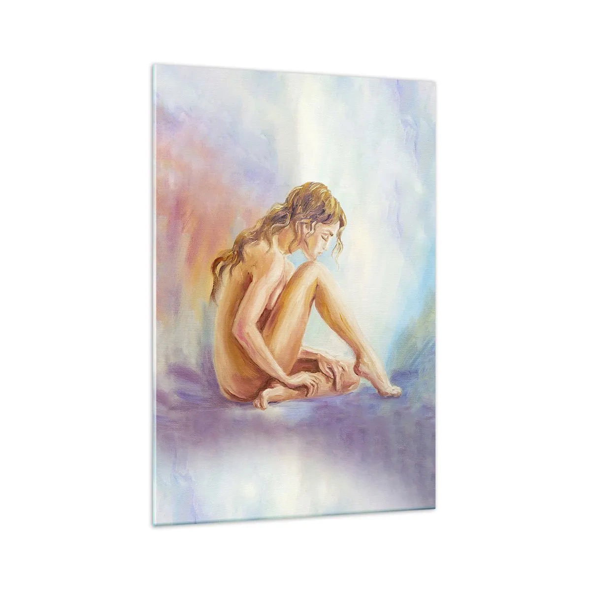 Cuadro sobre vidrio - Impresiones sobre Vidrio - Una delicada figura de una mujer sobre un fondo pastel. - 70x100cm - Acto de juventud - Decoración de pared moderna para salón y dormitorio ARTTOR
