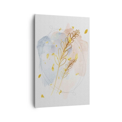 Cuadro sobre lienzo - Impresión de Imagen - Un delicado motivo de hojas doradas sobre un fondo pastel con detalles de acuarela. - 80x120cm - Ráfaga dorada - Decoración de pared moderna para salón y dormitorio ARTTOR