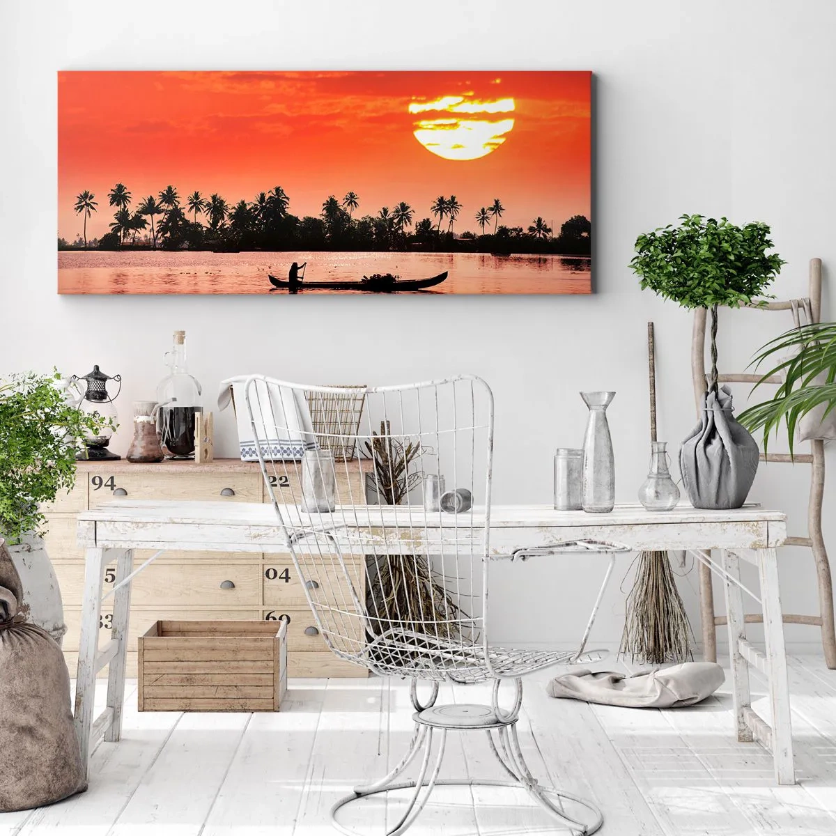 Cuadro sobre lienzo - Impresión de Imagen - Atardecer tropical con un barco y palmeras al fondo - 160x50cm - La paz de los trópicos al atardecer - Decoración de pared moderna para salón y dormitorio ARTTOR