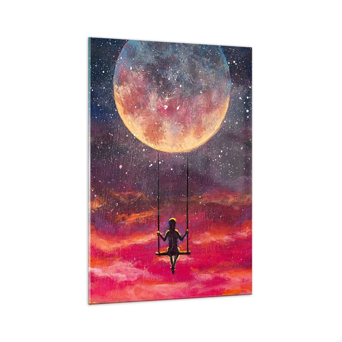 Cuadro sobre vidrio - Impresiones sobre Vidrio - Una figura en un columpio suspendido contra la luna. - 70x100cm - Disfrutar de las nubes - Decoración de pared moderna para salón y dormitorio ARTTOR