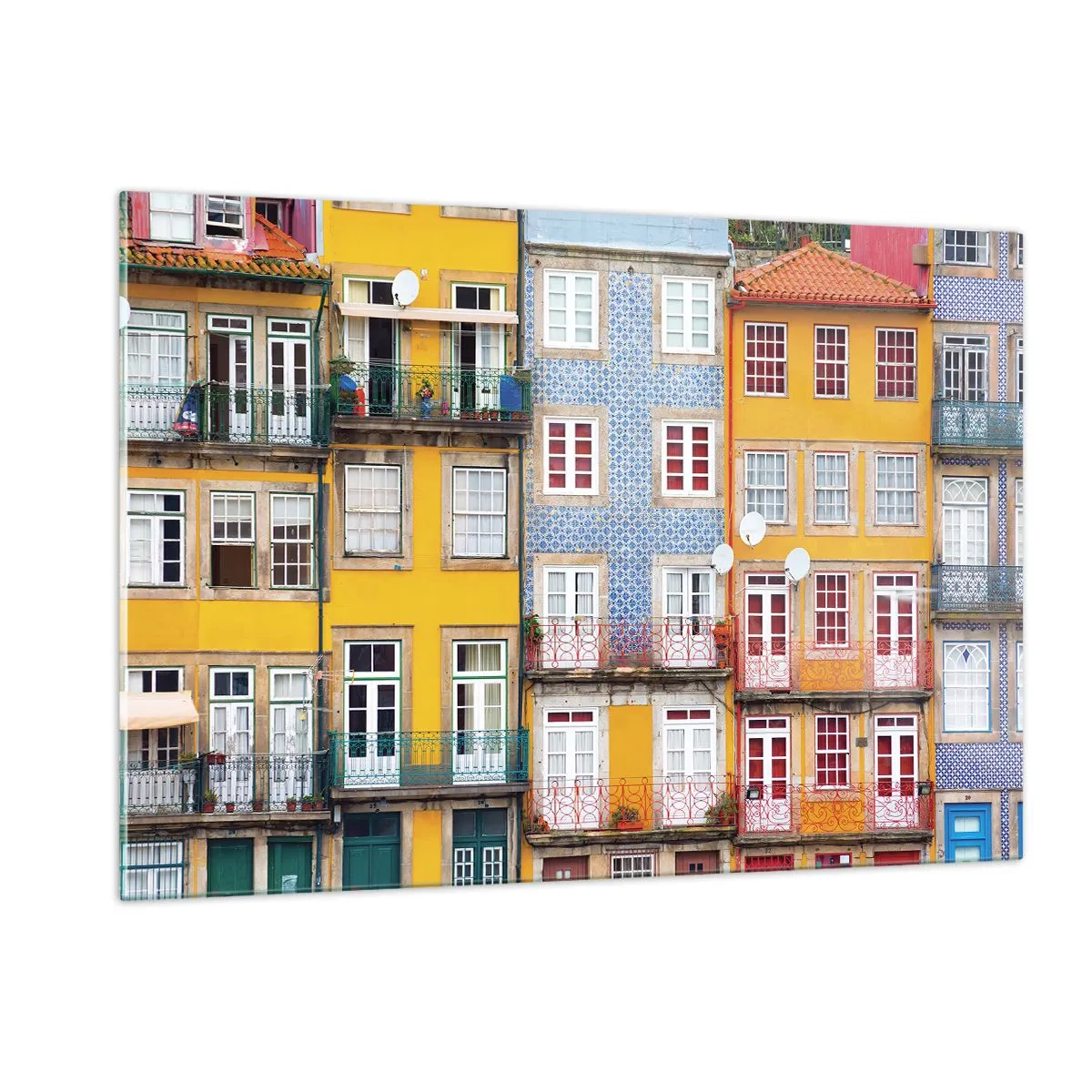 Cuadro sobre vidrio - Impresiones sobre Vidrio - Fachadas coloridas de casas de vecindad con detalles de balcones - 120x80cm - Los colores de la ciudad vieja - Decoración de pared moderna para salón y dormitorio ARTTOR