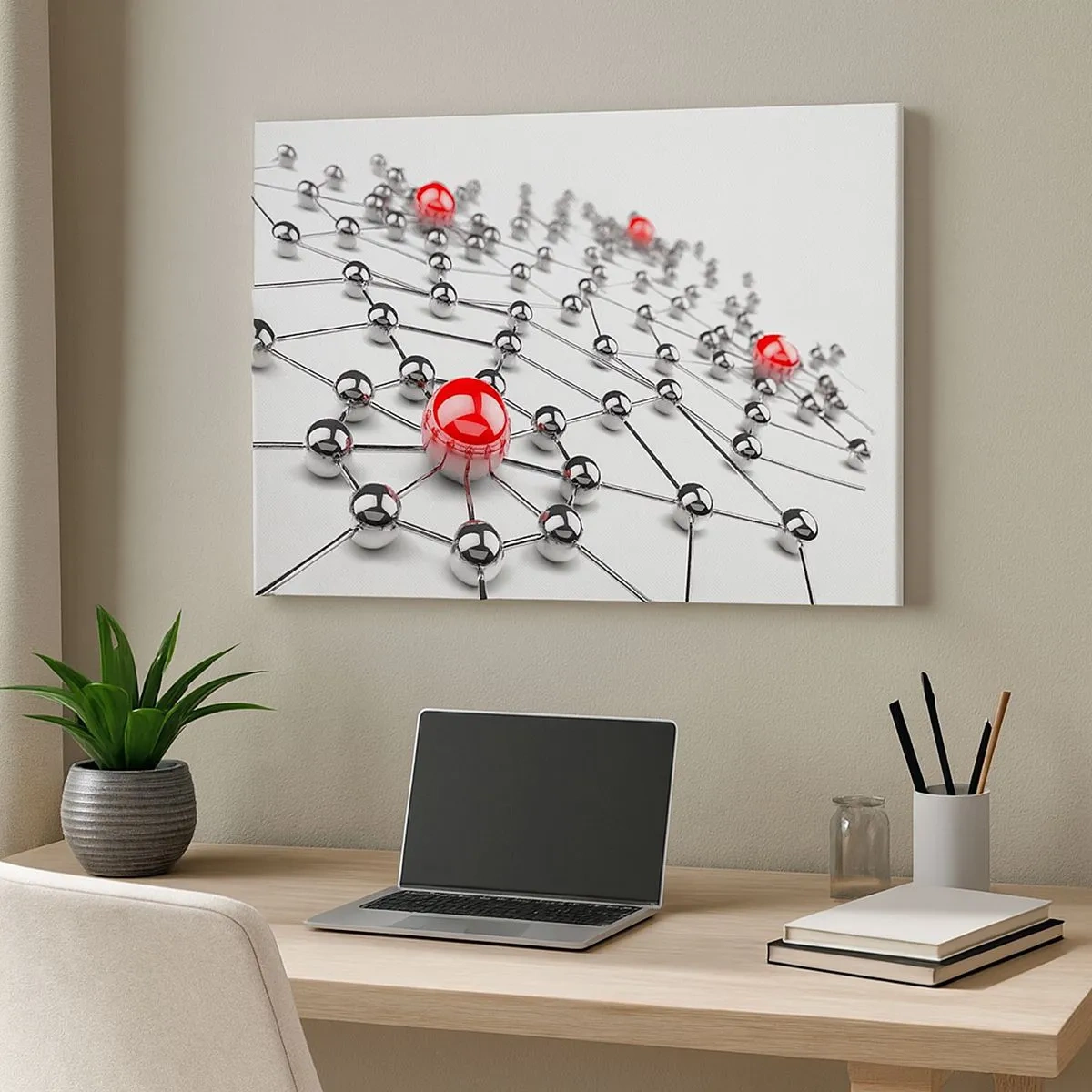 Cuadro sobre lienzo - Impresión de Imagen - Una red de bolas metálicas con acentos rojos. - 70x50cm - Una red plateada - Decoración de pared moderna para salón y dormitorio ARTTOR