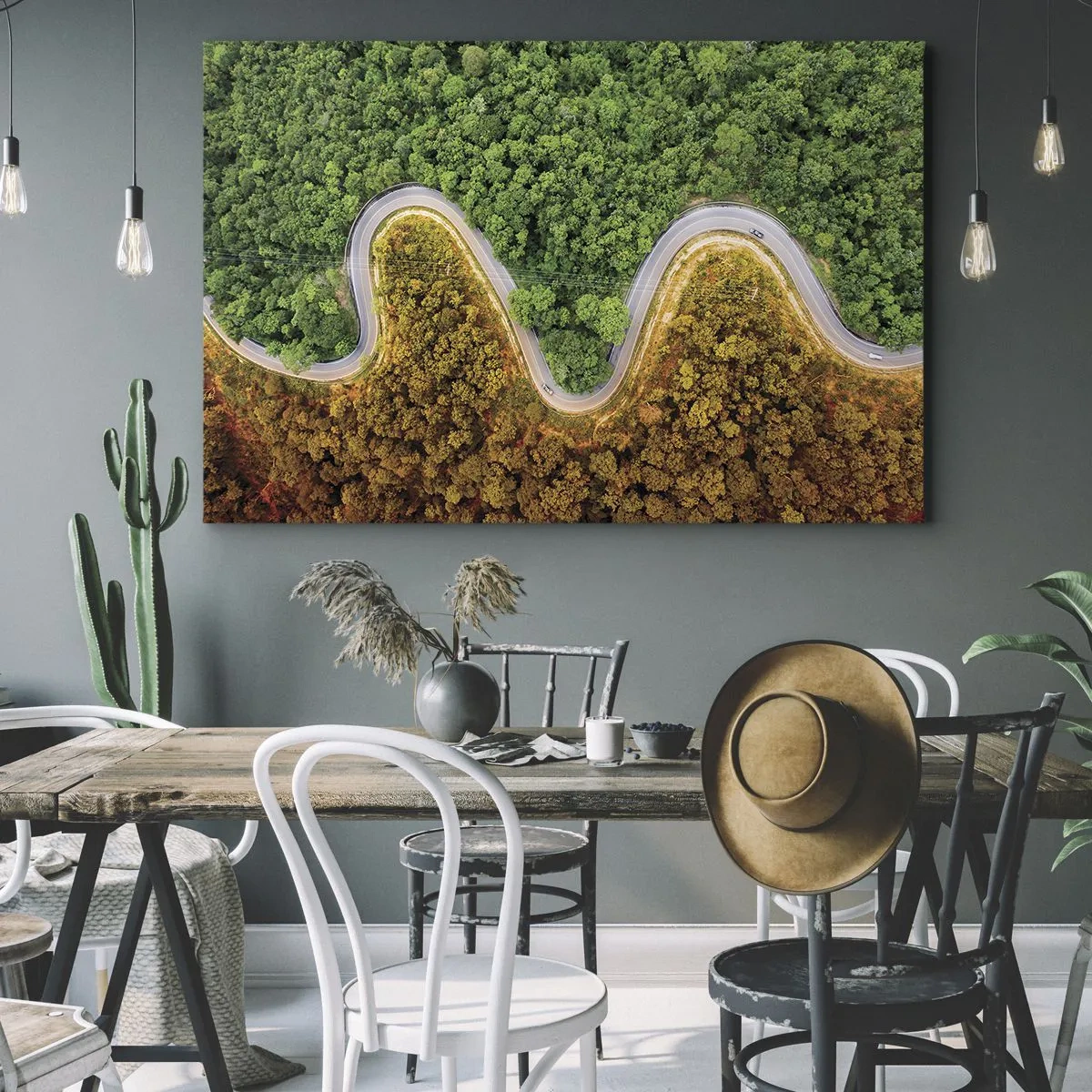 Cuadro sobre lienzo - Impresión de Imagen - Un camino sinuoso a través del bosque visto a vista de pájaro. - 120x80cm - Frontera serpenteante - Decoración de pared moderna para salón y dormitorio ARTTOR