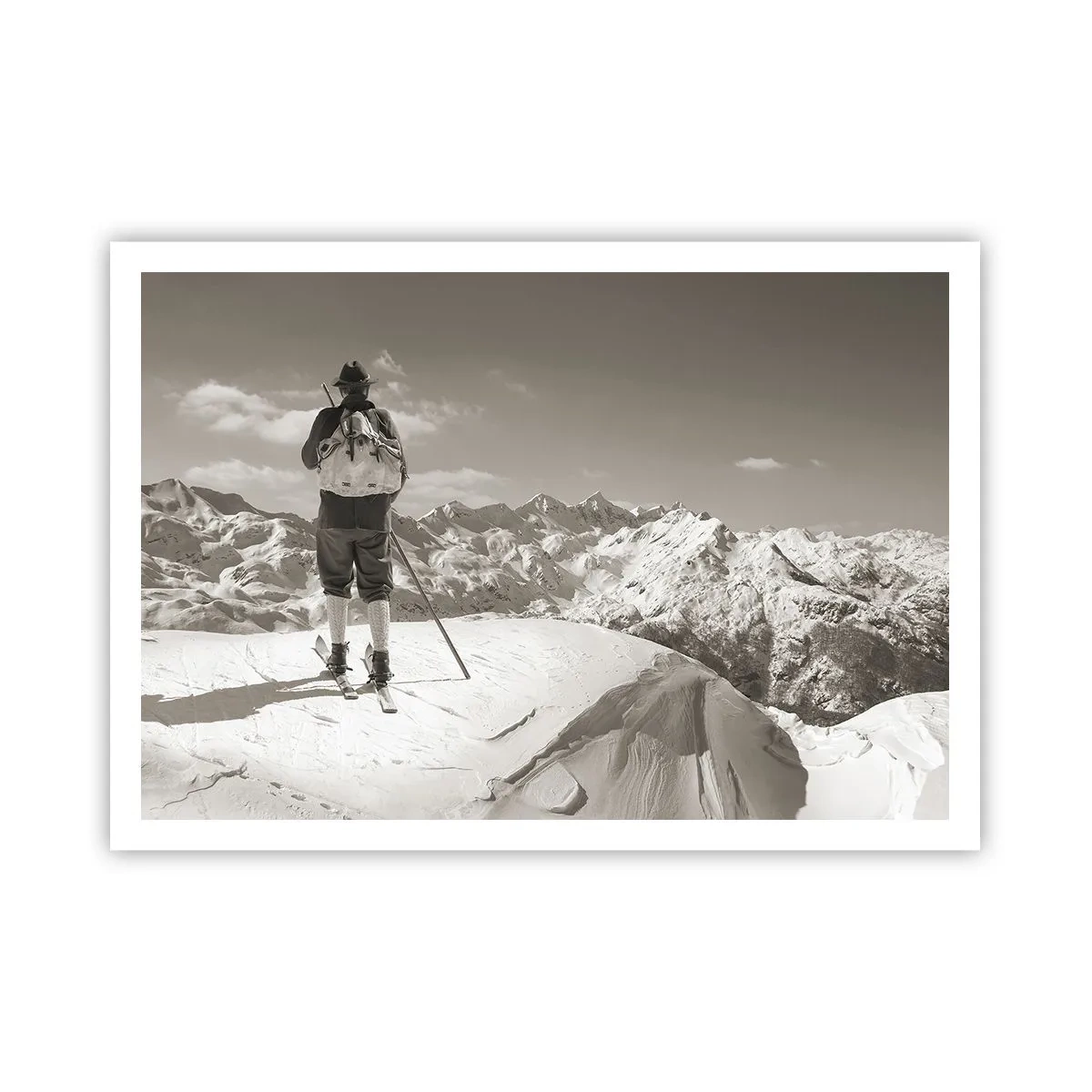 Póster - Un esquiador en la cima de una montaña en blanco y negro. - 100x70cm - El techo del mundo - Decoración de pared moderna para salón y dormitorio ARTTOR