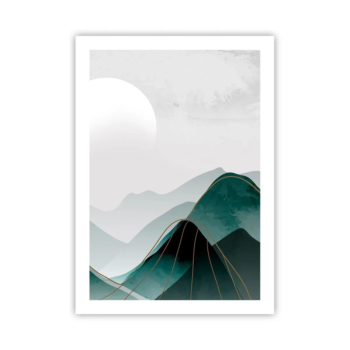 Póster - Montañas abstractas en tonos verdes con delicado dorado. - 50x70cm - Con toda la majestuosidad - Decoración de pared moderna para salón y dormitorio ARTTOR