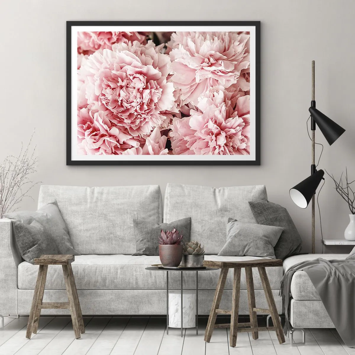 Póster en marco negro - Peonías rosas sutiles en un entorno delicado. - 70x50cm - Sueño rosa - Decoración de pared moderna para salón y dormitorio ARTTOR