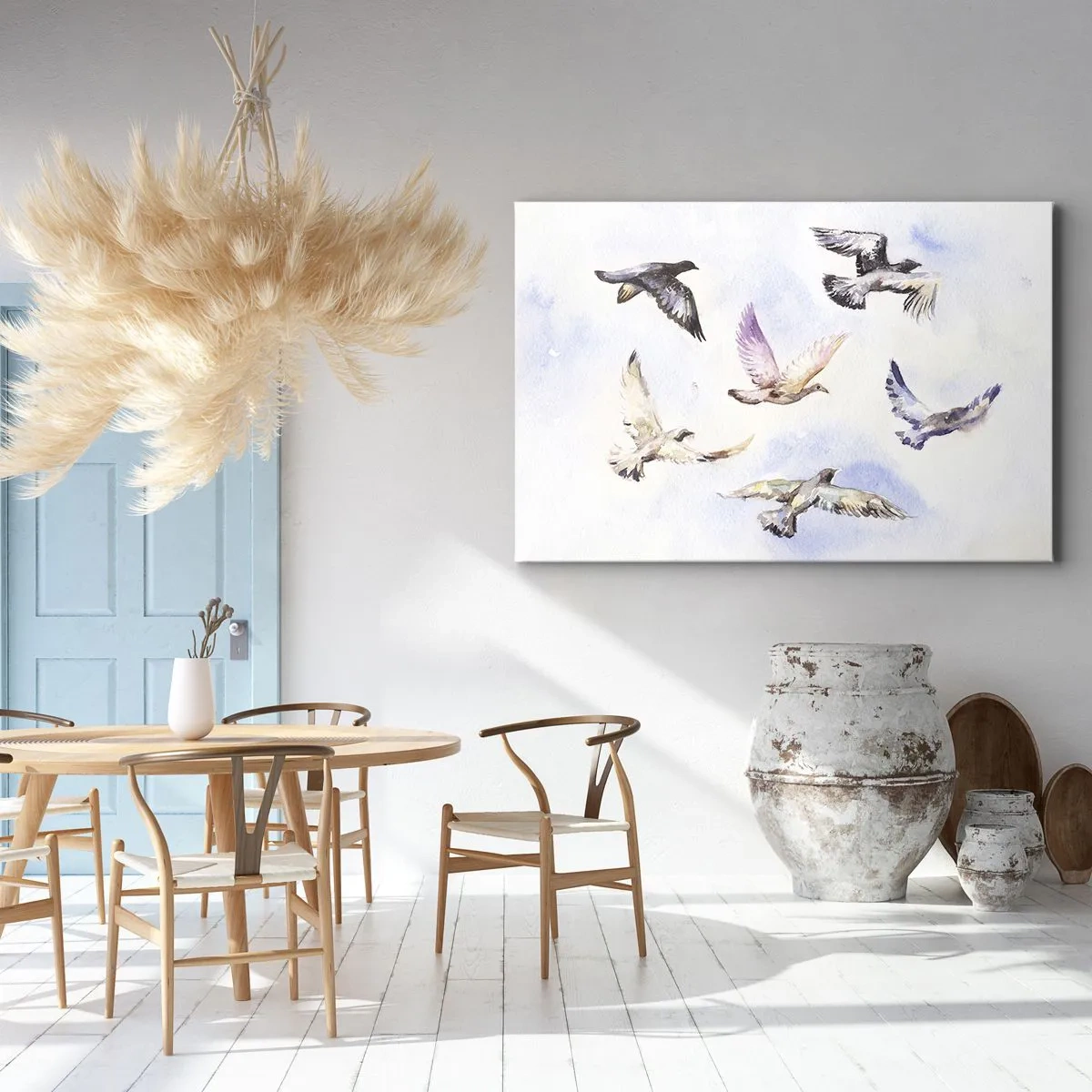 Cuadro sobre lienzo - Impresión de Imagen - Pájaros de acuarela en vuelo contra un cielo delicado. - 120x80cm - Libertad en gris y azul - Decoración de pared moderna para salón y dormitorio ARTTOR