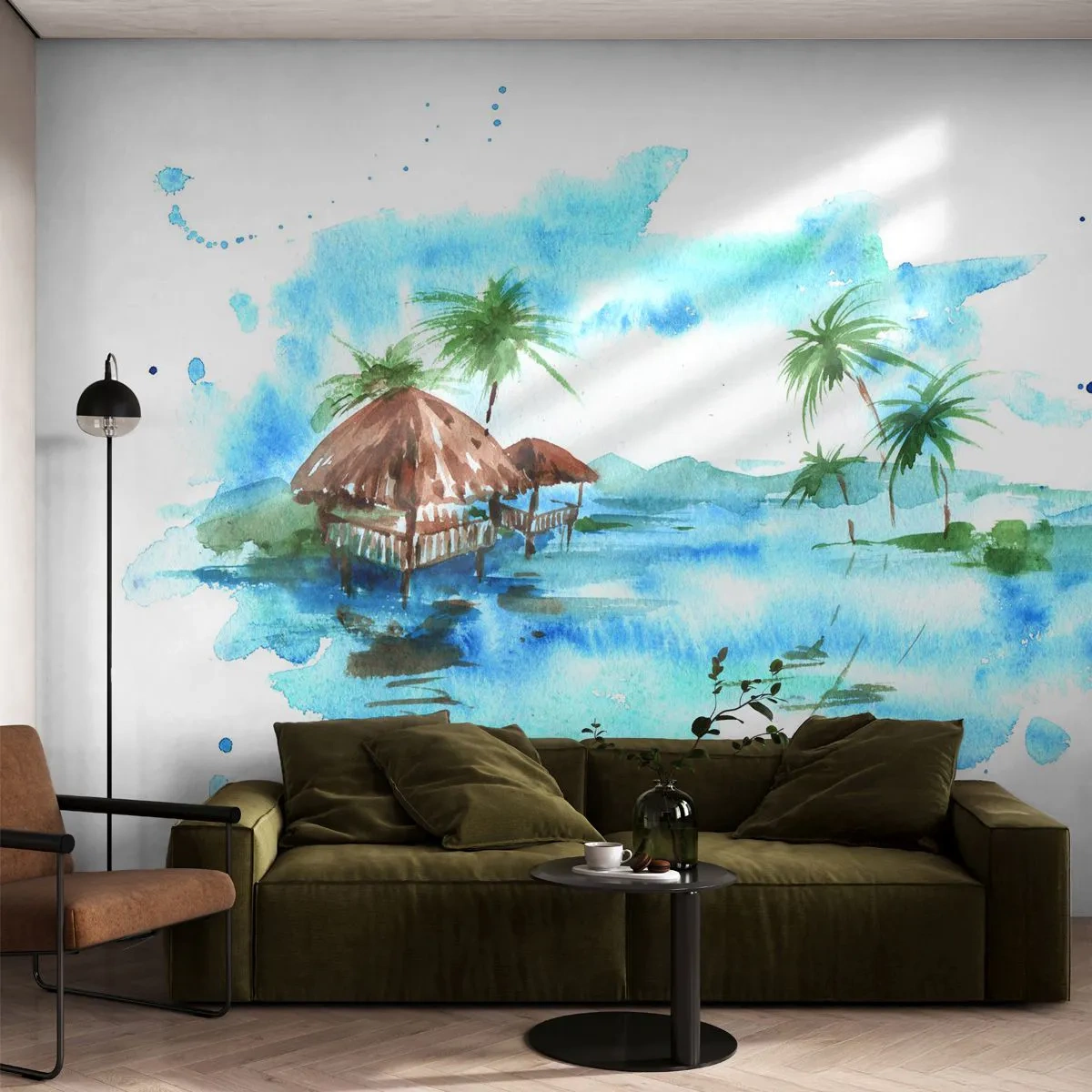 Fotomural Premium Sand - Ilustración de acuarela de casas de agua tropicales - 100x70cm - En algún lugar del Pacífico - Decoración de pared moderna para salón y dormitorio ARTTOR