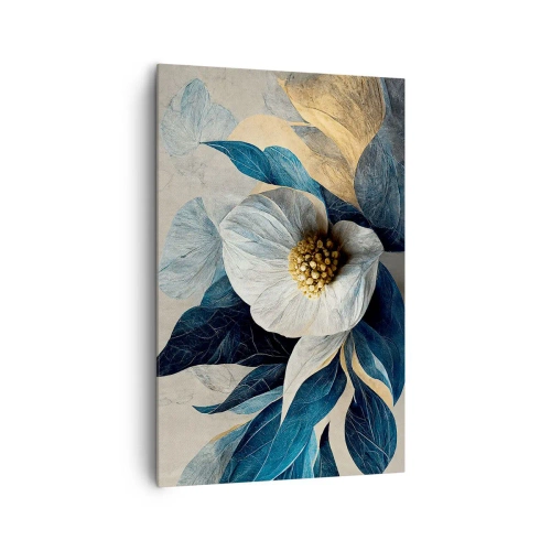Cuadro sobre lienzo - Impresión de Imagen - Una flor con hojas azules sobre un fondo elegante. - 80x120cm - Con un corazón de oro - Decoración de pared moderna para salón y dormitorio ARTTOR
