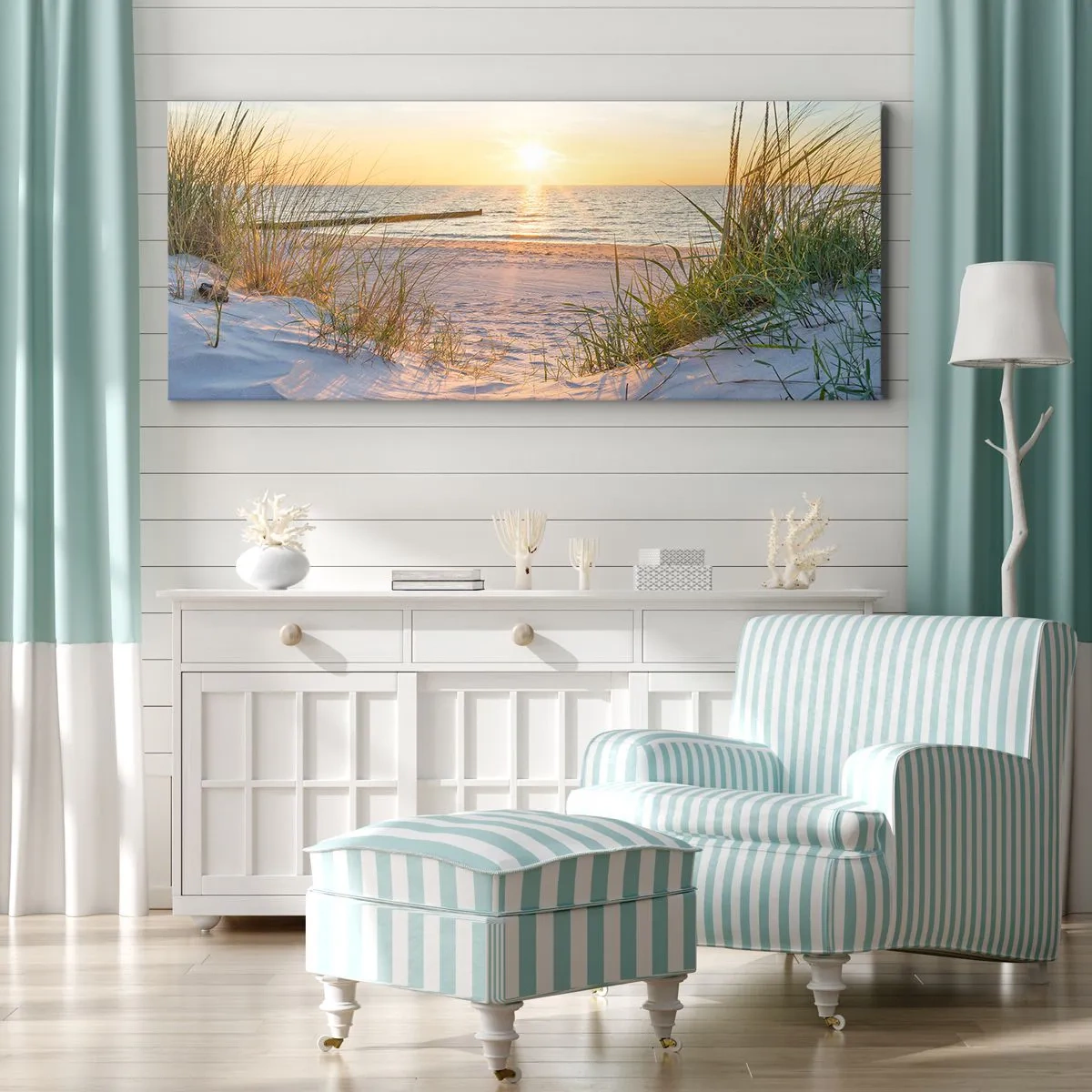 Cuadro sobre lienzo - Impresión de Imagen - Una playa de arena con vistas a la puesta de sol sobre el mar. - 140x50cm - El sonido del mar, el canto de los pájaros, una playa virgen entre las dunas... - Decoración de pared moderna para salón y dormitorio A