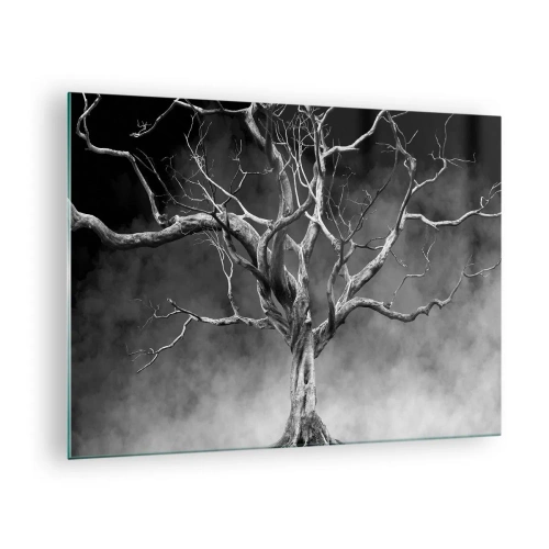 Cuadro sobre vidrio - Impresiones sobre Vidrio - Árbol negro contra la niebla - 70x50cm - Primordial y sagrado - Decoración de pared moderna para salón y dormitorio ARTTOR