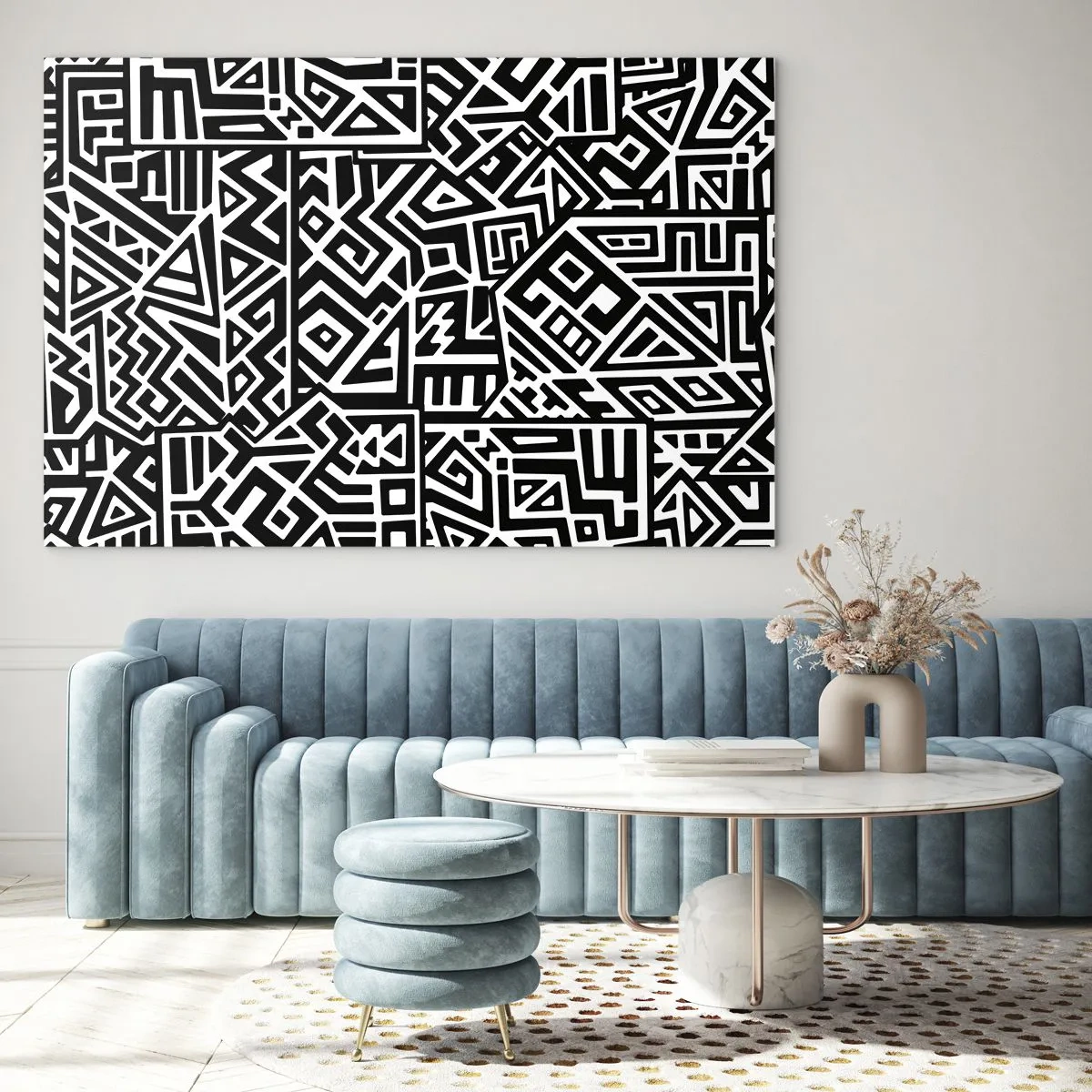 Cuadro sobre vidrio - Impresiones sobre Vidrio - Patrón en blanco y negro inspirado en el arte tribal. - 120x80cm - Composición precolombina - Decoración de pared moderna para salón y dormitorio ARTTOR