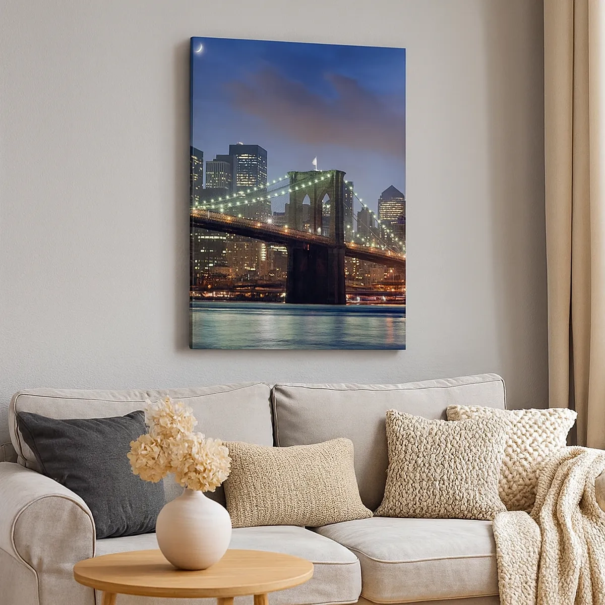 Cuadro sobre lienzo - Impresión de Imagen - Puente de la ciudad de Nueva York de noche con edificios iluminados - 50x70cm - Una noche iluminada - Decoración de pared moderna para salón y dormitorio ARTTOR