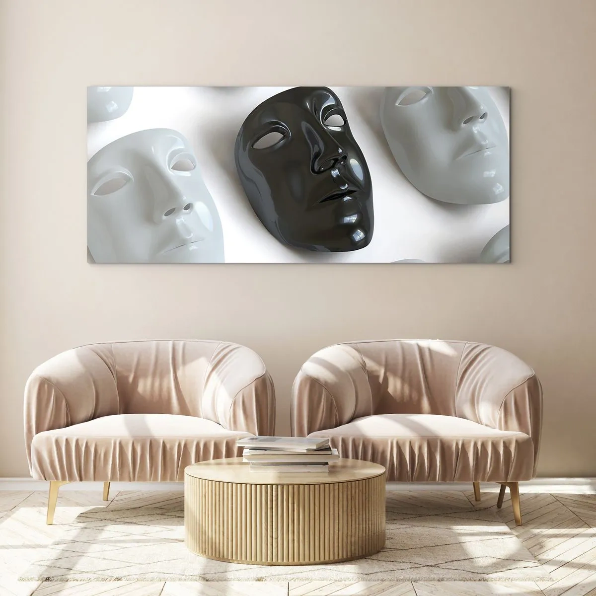 Cuadro sobre vidrio - Impresiones sobre Vidrio - Máscaras en blanco y negro sobre un fondo claro - 160x50cm - ¿Cómo destacar? - Decoración de pared moderna para salón y dormitorio ARTTOR