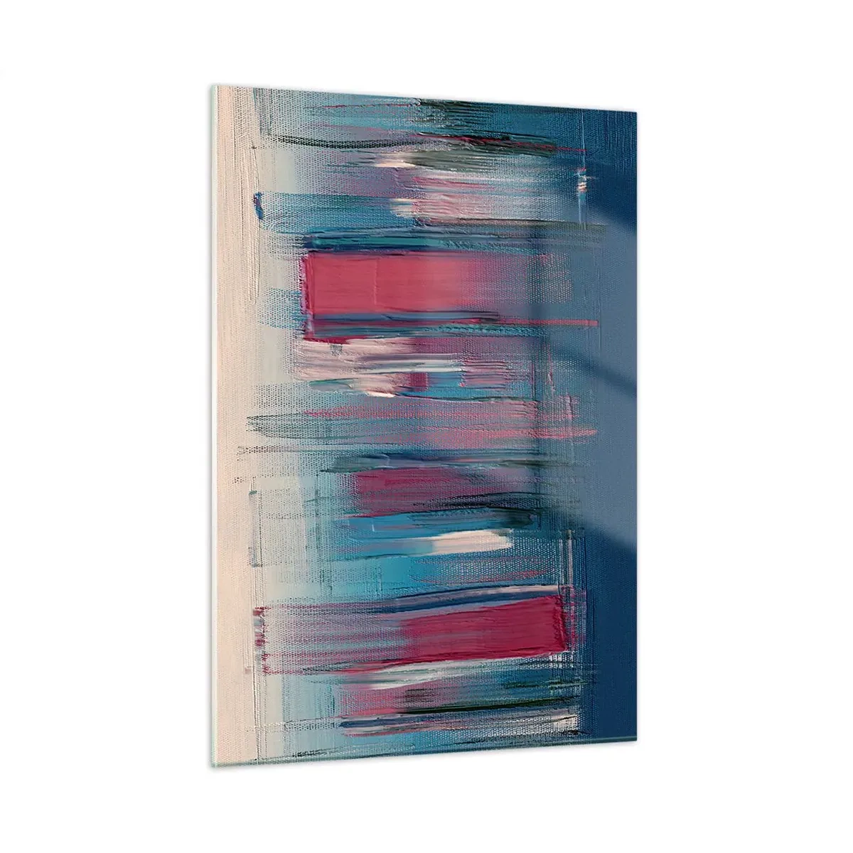 Cuadro sobre vidrio - Impresiones sobre Vidrio - Pinceladas verticales en rojo y azul sobre fondo beige - 50x70cm - Composición vertical en azul y rojo - Decoración de pared moderna para salón y dormitorio ARTTOR