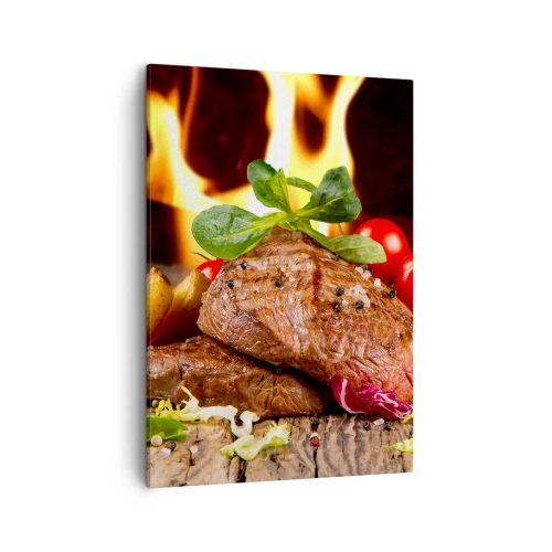 Cuadro sobre lienzo - Impresión de Imagen - Filete a la parrilla con acompañamientos con el telón de fondo de las llamas. - 50x70cm - Embrujo de fuego - Decoración de pared moderna para salón y dormitorio ARTTOR