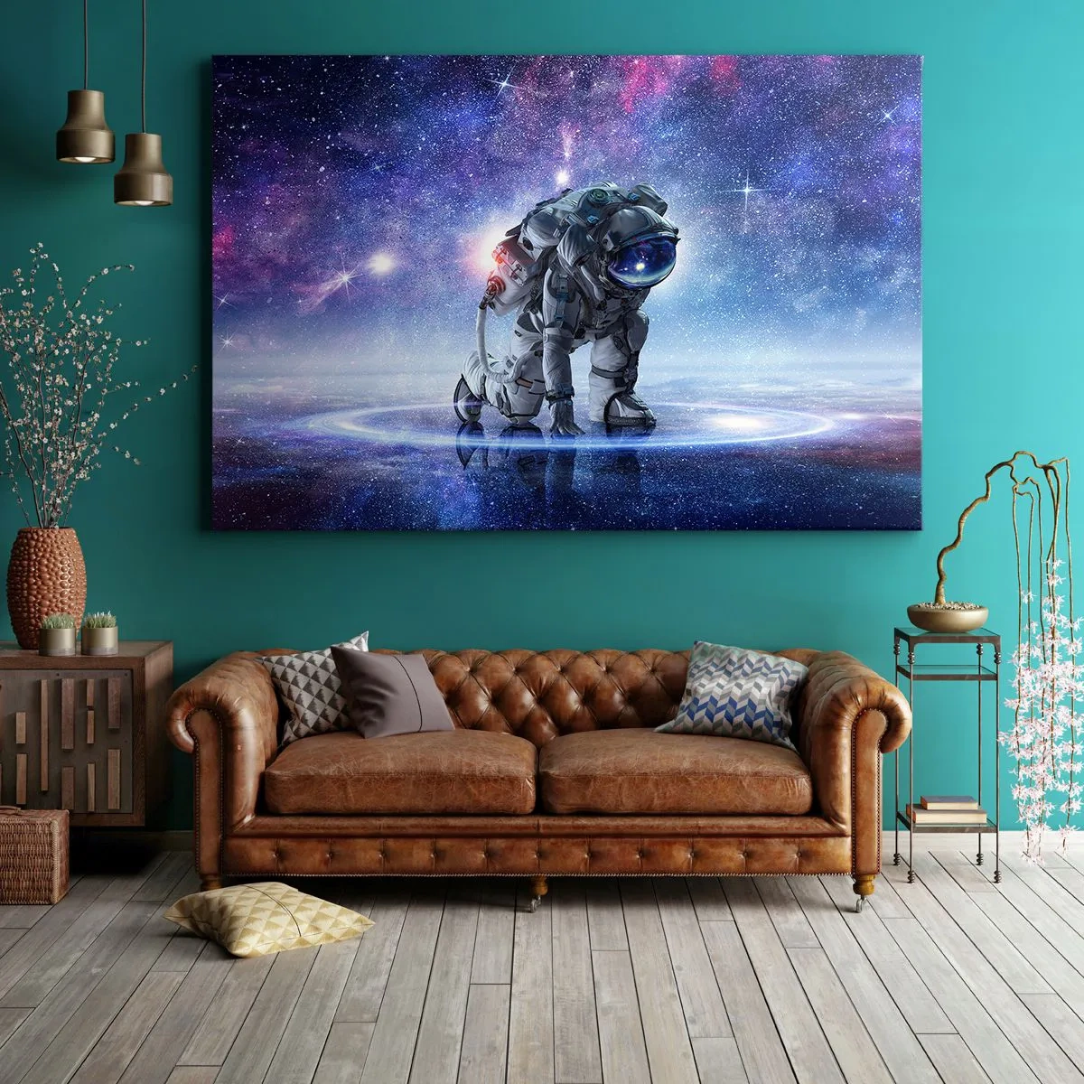 Cuadro sobre lienzo - Impresión de Imagen - Astronauta en un paisaje galáctico - 120x80cm - Cielo estrellado sobre mí - Decoración de pared moderna para salón y dormitorio ARTTOR
