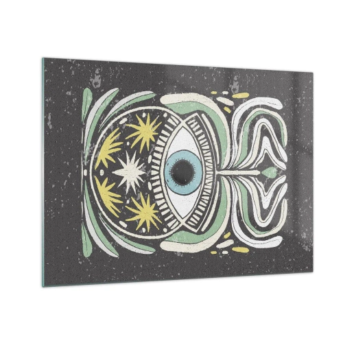 Cuadro sobre vidrio - Impresiones sobre Vidrio - Ojo gráfico con ornamentación tribal sobre un fondo oscuro. - 70x50cm - Rituales tribales - Decoración de pared moderna para salón y dormitorio ARTTOR