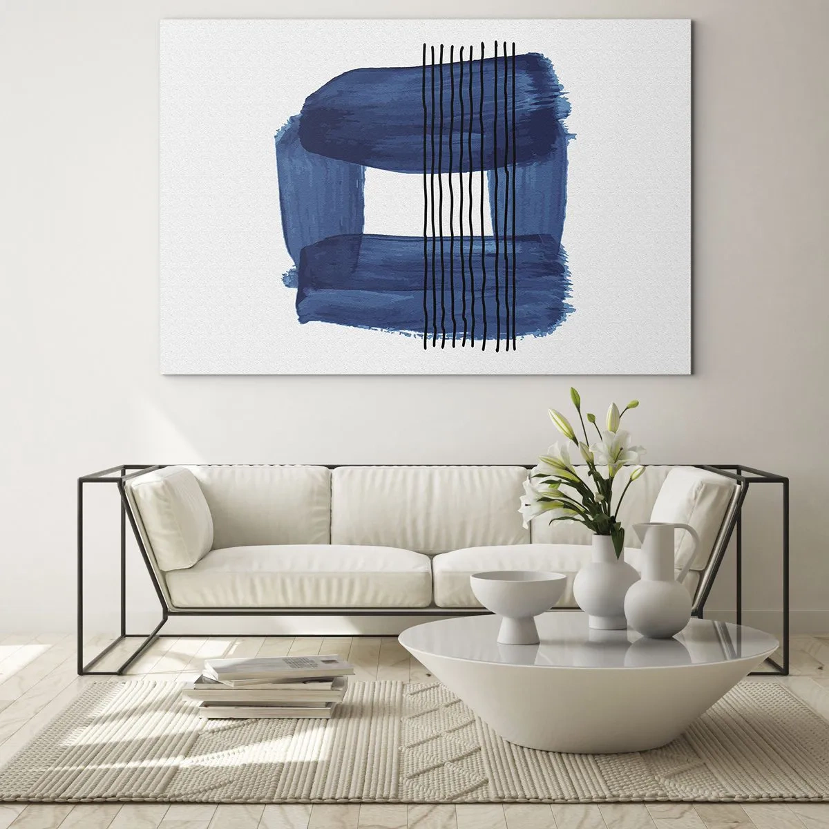 Cuadro sobre vidrio - Impresiones sobre Vidrio - Abstracción moderna en tonos azules - 120x80cm - Composición azul y negra - Decoración de pared moderna para salón y dormitorio ARTTOR