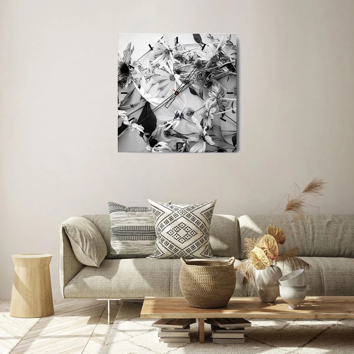 Reloj de pared - Reloj de vidrio - Arreglos florales en blanco y negro en un sutil estilo artístico. - 30x30cm - Un no ramo de flores - Decoración de pared moderna para salón y dormitorio ARTTOR
