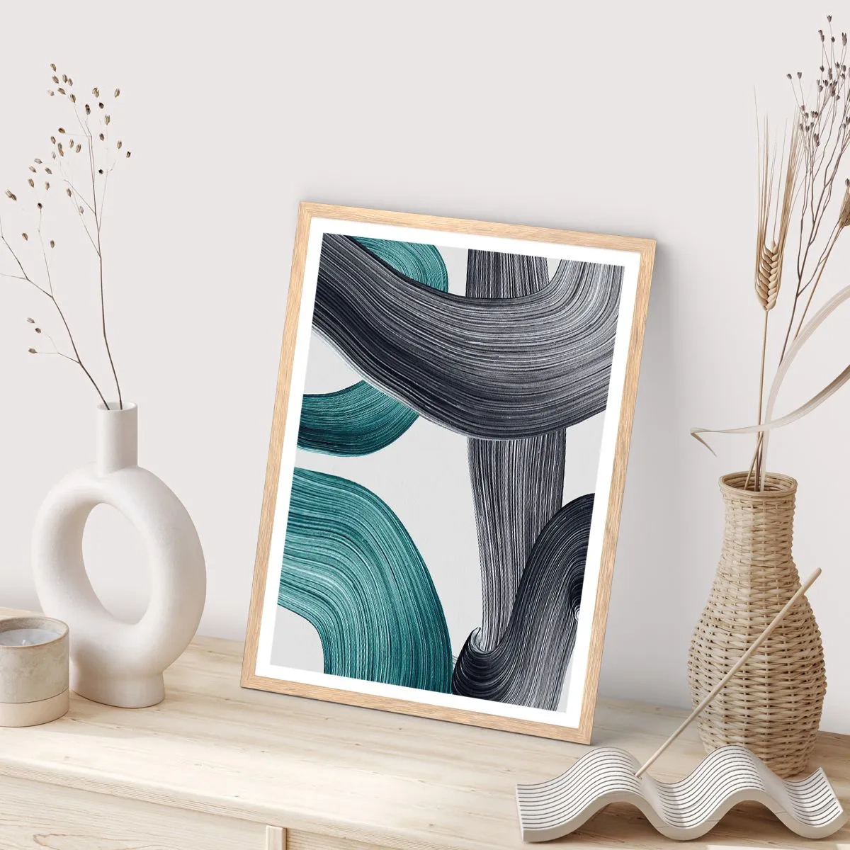 Póster en marco roble claro - Senderos esmeralda y negro - 70x100 cm