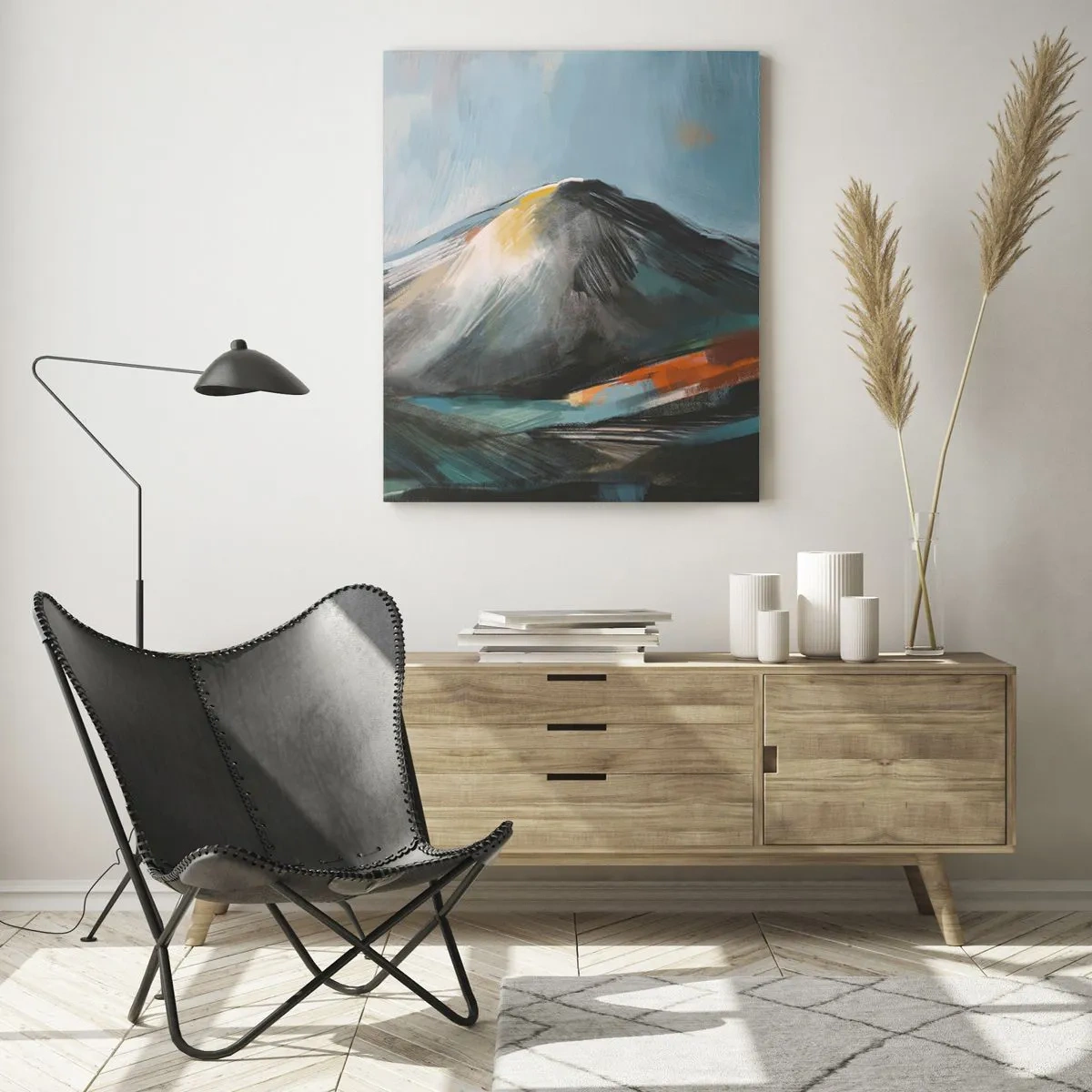Cuadro sobre vidrio - Impresiones sobre Vidrio - Paisaje montañoso abstracto en tonos cálidos - 80x120cm - Crudo y bello - Decoración de pared moderna para salón y dormitorio ARTTOR
