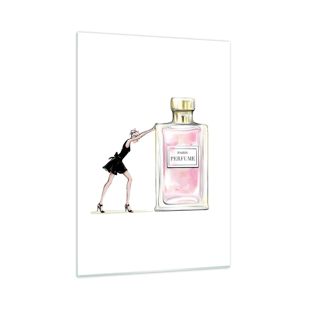 Cuadro sobre vidrio - Impresiones sobre Vidrio - Una mujer con un vestido negro junto a un gran frasco de perfume. - 50x70cm - La esencia de la feminidad - Decoración de pared moderna para salón y dormitorio ARTTOR