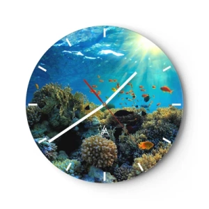 Reloj de pared - Reloj de vidrio - Arrecife de coral colorido con peces bajo los rayos del sol. - 30x30cm - Tesoros submarinos - Decoración de pared moderna para salón, cocina y dormitorio ARTTOR