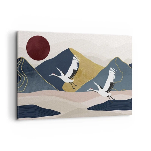 Cuadro sobre lienzo - Impresión de Imagen - Grúas en vuelo con el telón de fondo de montañas y un sol rojo. - 120x80cm - Y el día ha vuelto a pasar volando - Decoración de pared moderna para salón y dormitorio ARTTOR