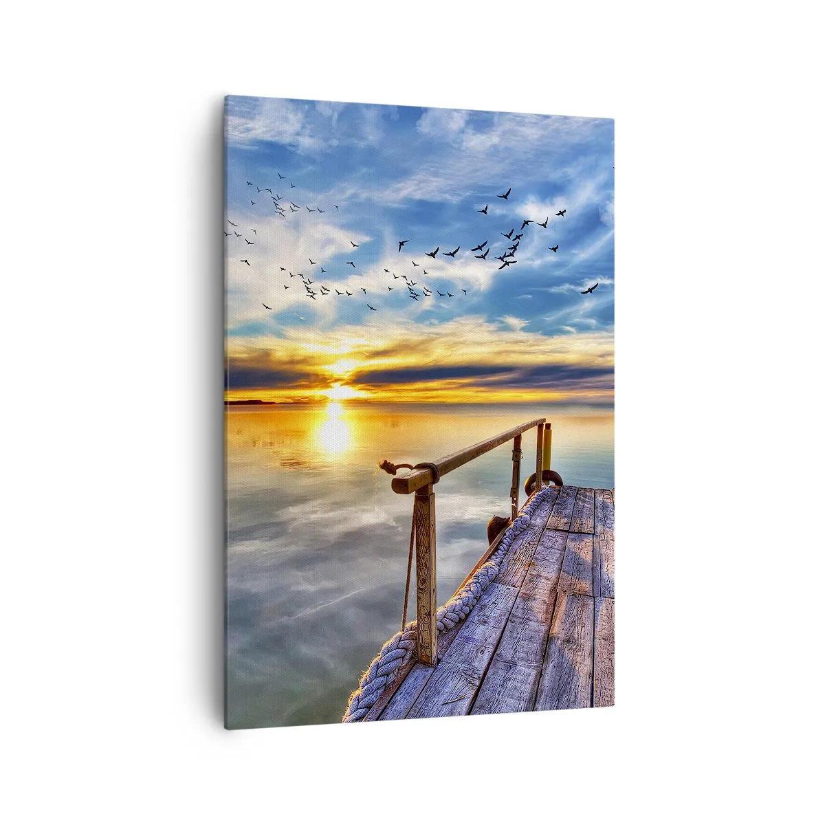 Cuadro sobre lienzo - Impresión de Imagen - Muelle de madera sobre el lago al atardecer - 70x100cm - El viento se va a descansar - Decoración de pared moderna para salón y dormitorio ARTTOR