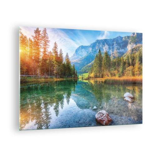 Cuadro sobre vidrio - Impresiones sobre Vidrio - Un lago de montaña rodeado de bosques y picos majestuosos. - 70x50cm - La dulzura del otoño - Decoración de pared moderna para salón y dormitorio ARTTOR