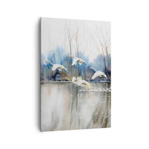 Cuadro sobre lienzo - Impresión de Imagen - Cisnes en vuelo sobre un lago congelado en un paisaje invernal - 70x100cm - Como en un cuento de cisnes salvajes - Decoración de pared moderna para salón y dormitorio ARTTOR