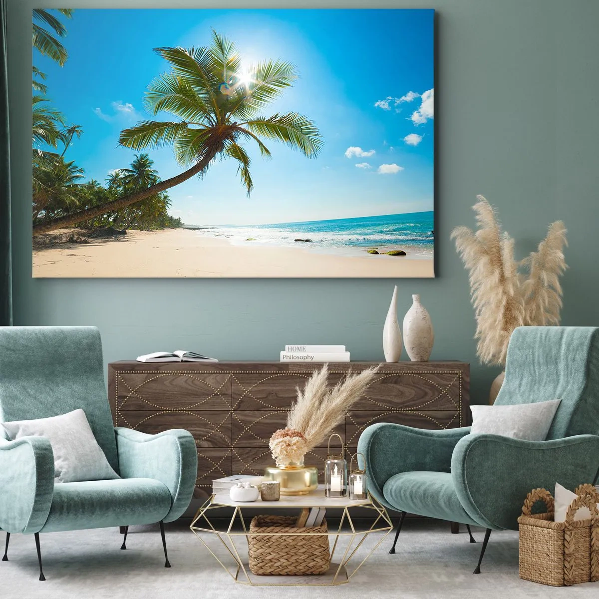 Cuadro sobre lienzo - Impresión de Imagen - Una playa con palmeras en un paisaje tropical. - 100x70cm - Mi lugar privado - Decoración de pared moderna para salón y dormitorio ARTTOR