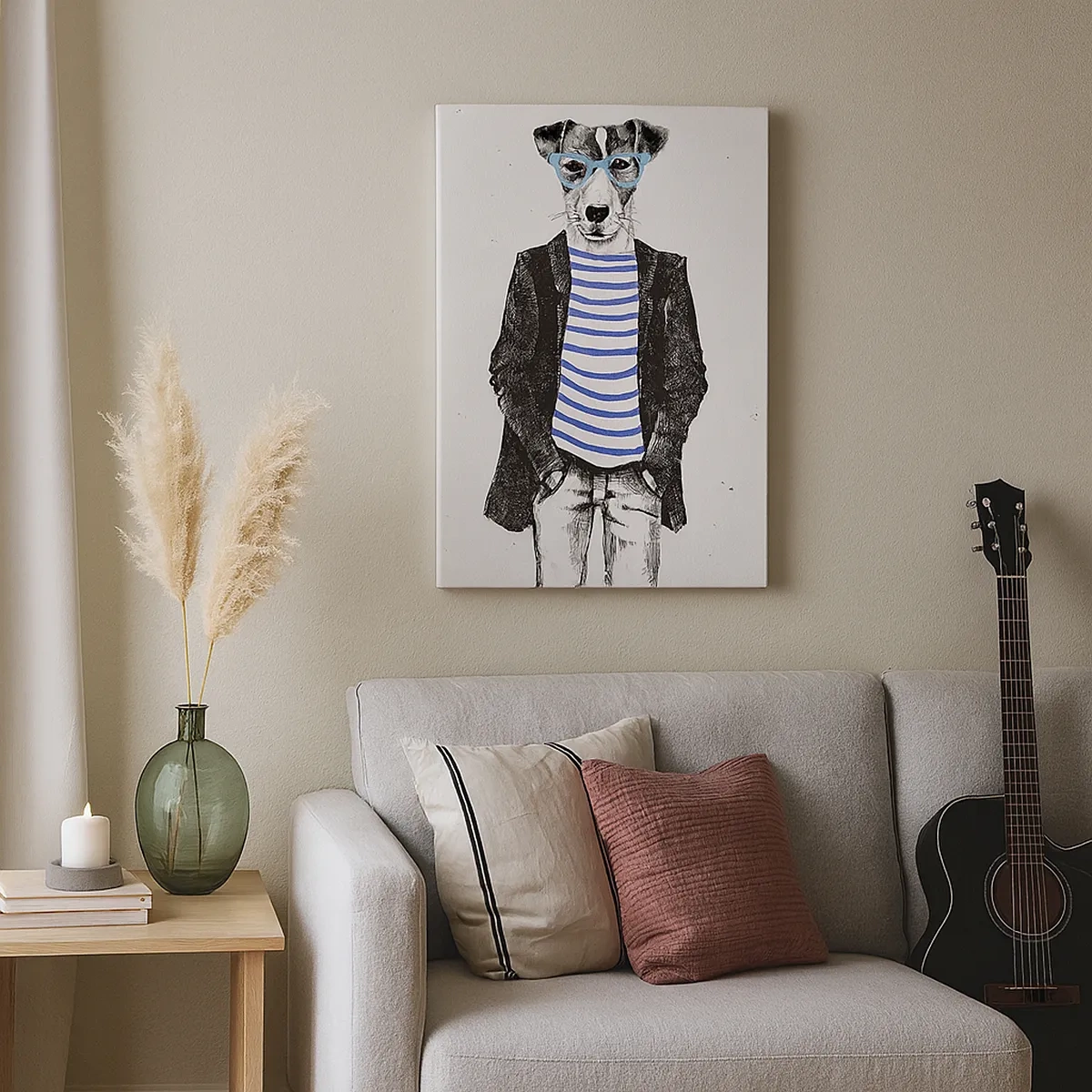 Cuadro sobre lienzo - Impresión de Imagen - Retrato de un perro con gafas y camisa de marinero en estilo humorístico. - 50x70cm - El encanto del perro - Decoración de pared moderna para salón y dormitorio ARTTOR