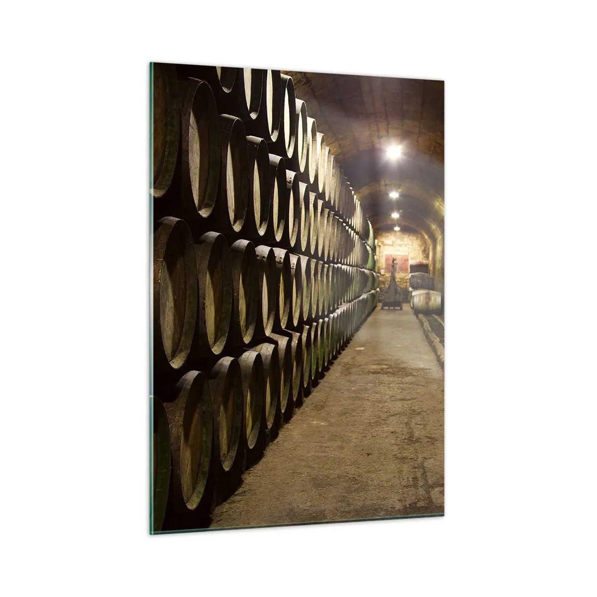 Cuadro sobre vidrio - Impresiones sobre Vidrio - Bodega con hileras de barricas - 50x70cm - El placer - Decoración de pared moderna para salón y dormitorio ARTTOR