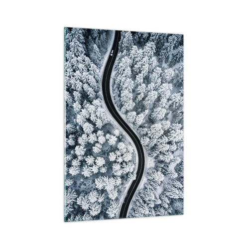 Cuadro sobre vidrio - Impresiones sobre Vidrio - Una vista de pájaro de un camino sinuoso en un bosque invernal. - 70x100cm - A través de un bosque invernal - Decoración de pared moderna para salón y dormitorio ARTTOR