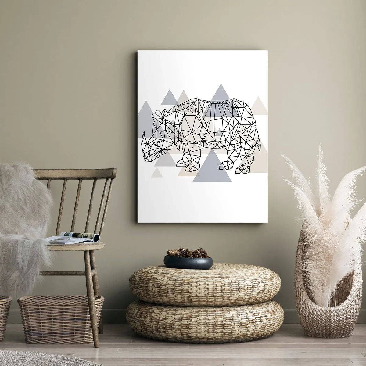 Cuadro sobre lienzo - Impresión de Imagen - Rinoceronte geométrico sobre un fondo de delicados triángulos. - 70x100cm - Estructura de la fuerza - Decoración de pared moderna para salón y dormitorio ARTTOR